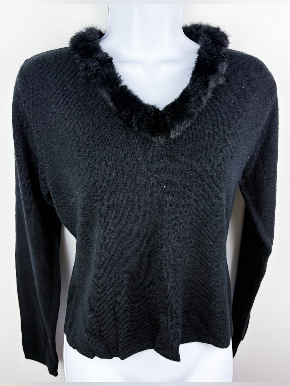 Y2K Rabbit Fur Collar Vintage V Neck Sweater Diva Glam Fran Fine Nanny Black